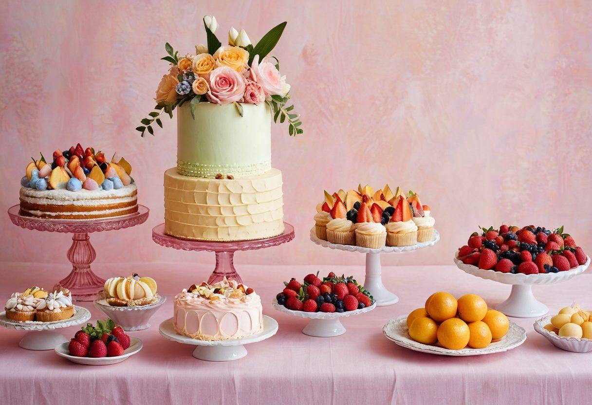 A whimsical scene featuring an elegant dessert table overflowing with gourmet cakes, pastries, and confections. Show a variety of intricate desserts with colorful icing and rich textures, elegantly arranged with fresh fruits and edible flowers. Include soft, ambient lighting to enhance the tempting atmosphere, with a vintage cake stand as the centerpiece. Capture the joy of dessert creation and indulgence. pastel colors. soft focus. warm lighting.
