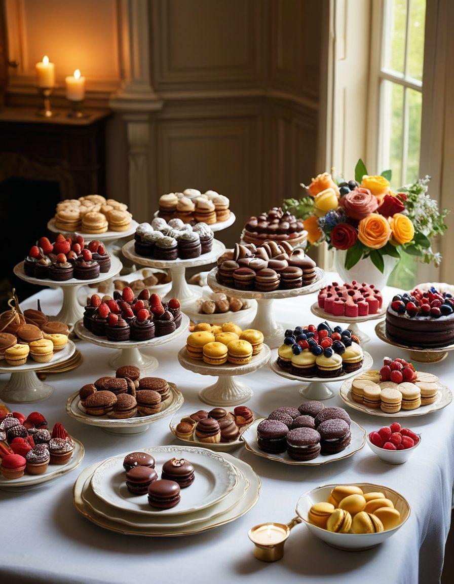 A tantalizing display of a variety of decadent desserts, including rich chocolate cakes, creamy éclairs, colorful macarons, and luscious fruit tarts, all beautifully arranged on a stylish table. The background features a cozy kitchen ambiance, with warm lighting and vintage baking tools. Include a sprinkle of powdered sugar gently falling from above for a touch of magic. The overall vibe should convey indulgence and sweetness. super-realistic. vibrant colors. soft focus.