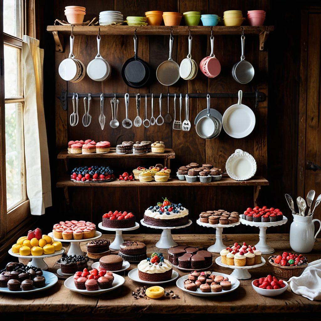 A cozy kitchen scene showcasing an array of decadent desserts: chocolate cakes, colorful macarons, creamy cupcakes, and fruit tarts arranged elegantly on a rustic wooden table. Include a chef's apron, baking tools scattered around, and sweet decorations like sprinkles and fresh berries. The atmosphere should feel warm and inviting, evoking a sense of creativity and indulgence in home baking. soft focus. vibrant colors. 3D.